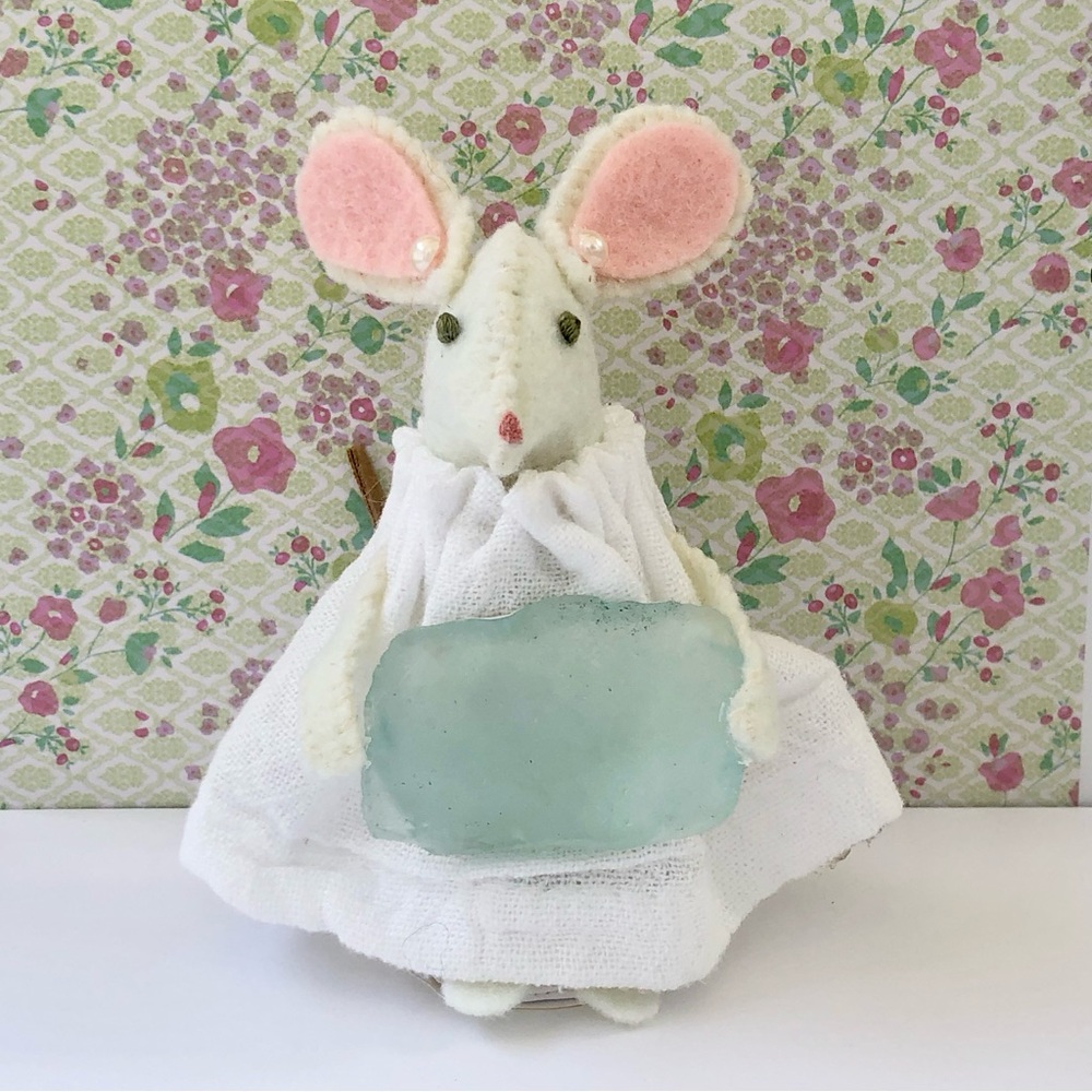 Seaglass beach felt mouse art doll hand-sewn  cottage coast seaside collector